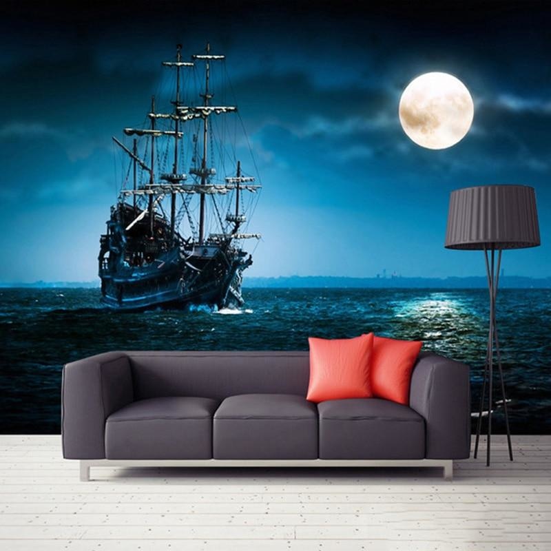 Moonlit sailing ship mural displayed in a modern playroom with reading nook