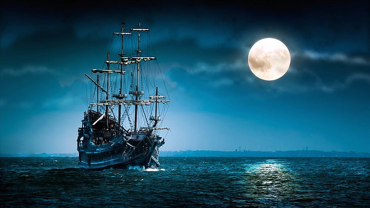 Pirate ship wallpaper design file showing detailed moonlit ocean scene with sailing vessel