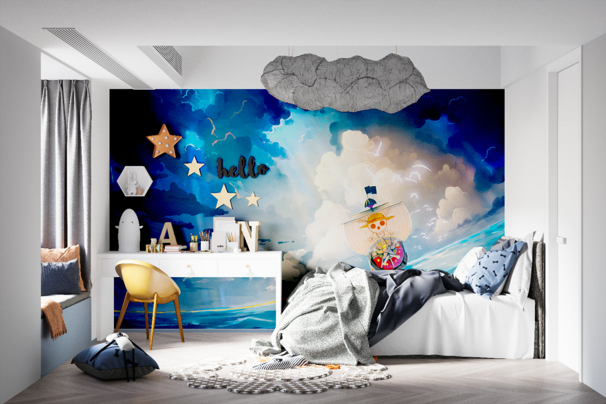Pirate ship wallpaper in a cozy children's bedroom with soft lighting highlighting the magical night sky design