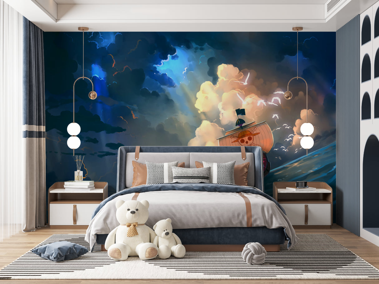 Nautical wall mural creating depth in a modern playroom with reading nook