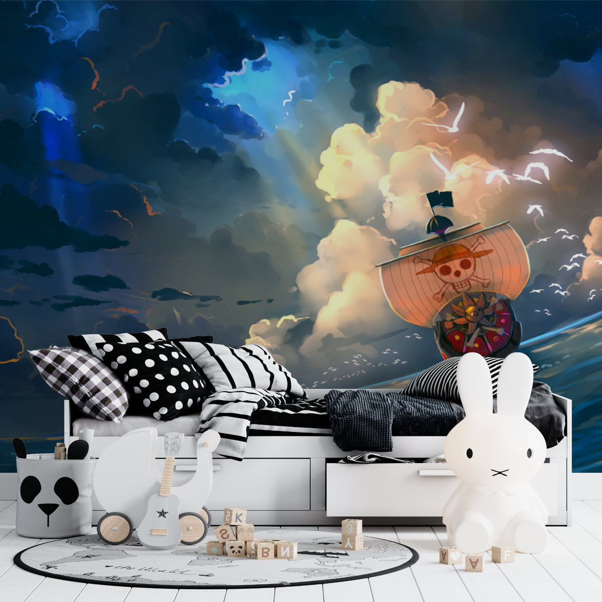 Adventure theme wallpaper transforming a kid's study area with mystical ship design