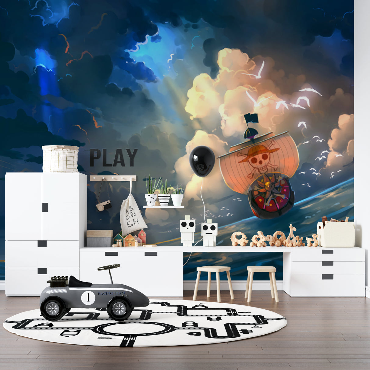 Pirate ship mural adding character to a nursery with gentle night sky tones