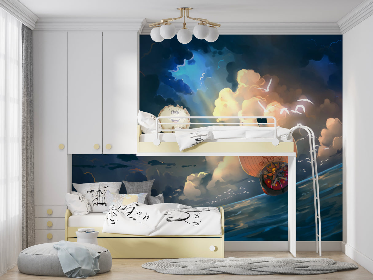 Maritime themed wall mural bringing adventure to a coastal-style bedroom