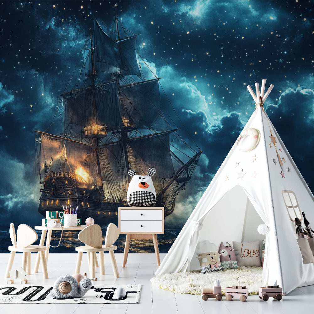 Pirate ship wallpaper creating magic in a cozy kids bedroom with soft night sky glow and starlight effects