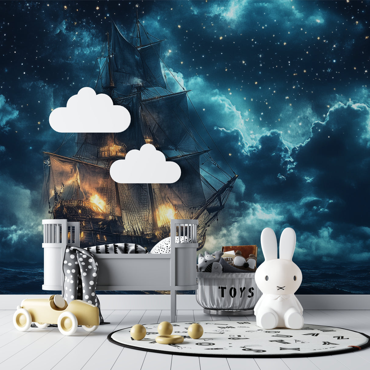 Adventure themed wallpaper transforming a teen bedroom with mystical night sky scene