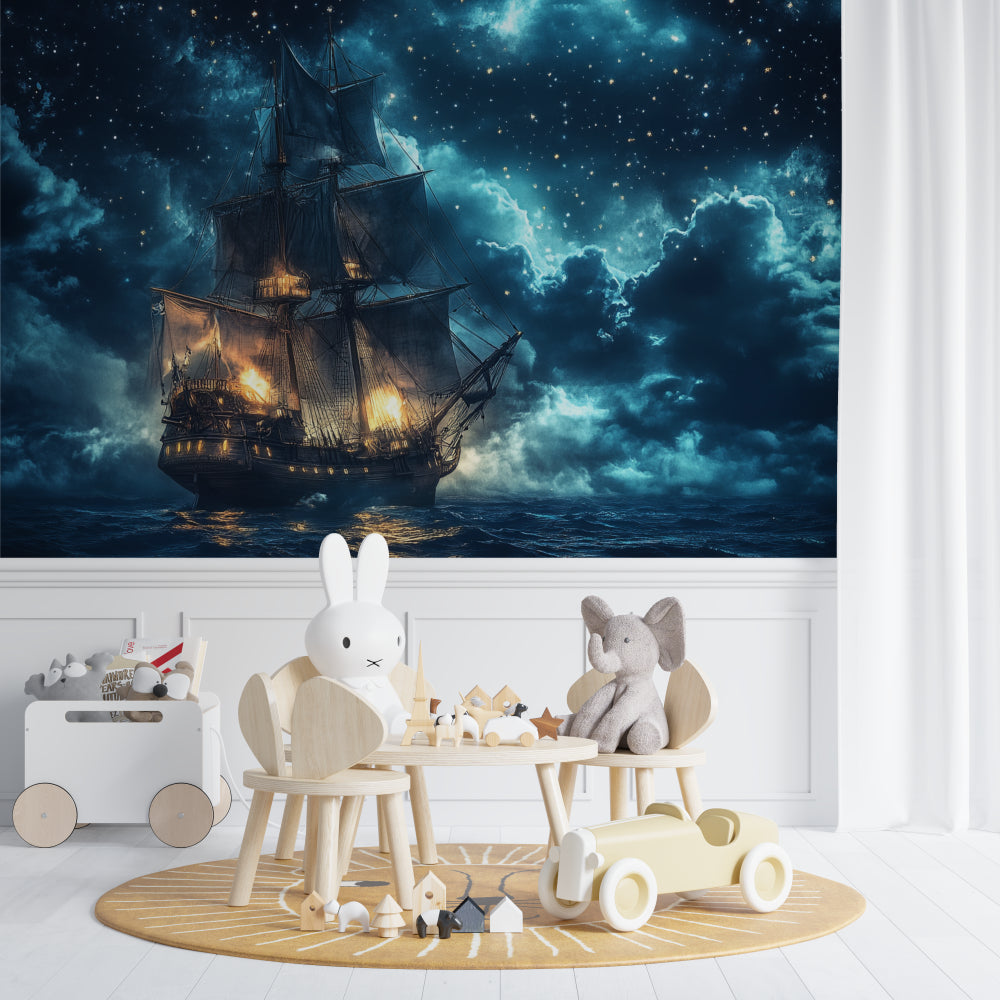 Pirate ship wall mural adding depth to a game room with golden ship details