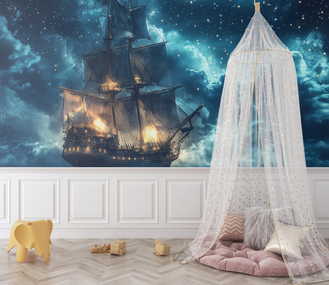 Night sky mural creating wonder in a study room with detailed sailing ship artwork