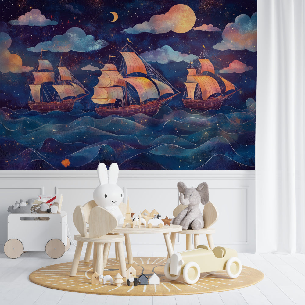 Pirate ship wallpaper in cozy bedroom with soft lighting showing starlit ocean scene
