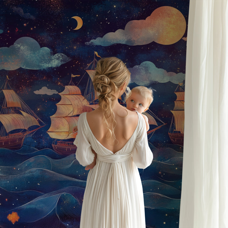 Nautical wall mural in playroom featuring moonlit sailing ships