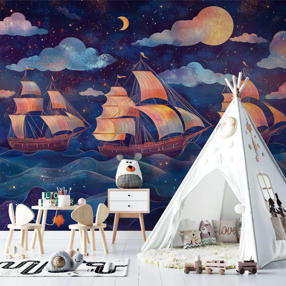 Kids room with pirate ship mural creating magical nighttime atmosphere