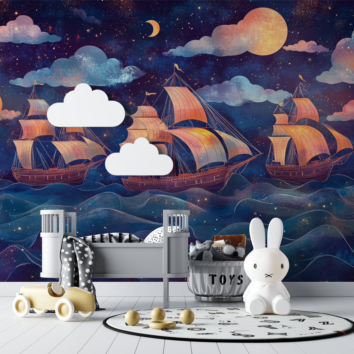 Ocean adventure wallpaper in nursery with golden moon and stars