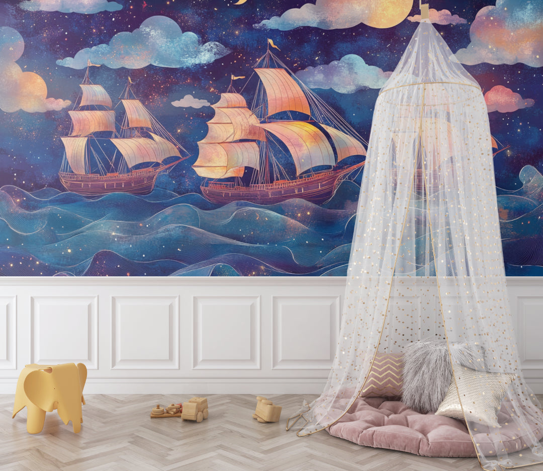 Maritime wall mural in reading nook showing dreamy night sailing scene