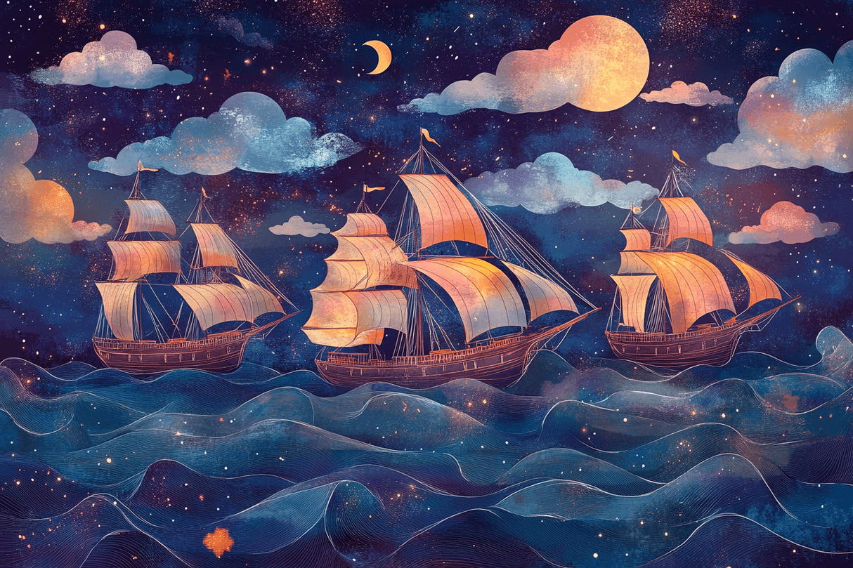 Design file showing detailed starry night ocean with three majestic sailing ships