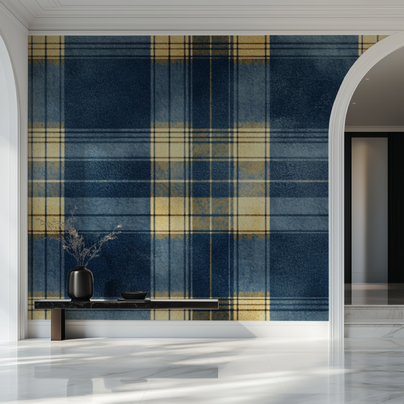 Plaid wall mural showcased in a cozy reading nook with accent furniture