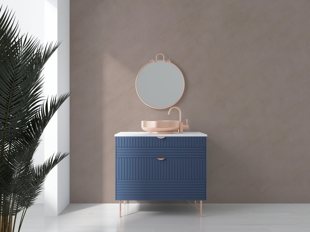 Elegant taupe bathroom wallpaper in modern master bath with freestanding tub and brass fixtures