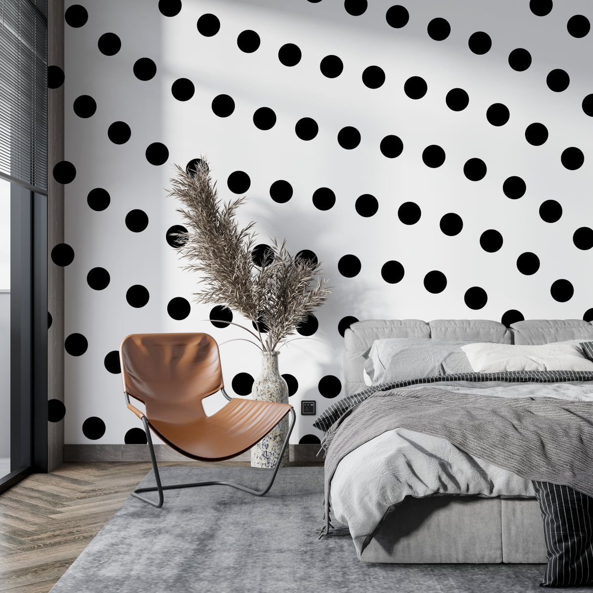 Geometric black dots pattern wallpaper creating drama in minimalist kitchen space