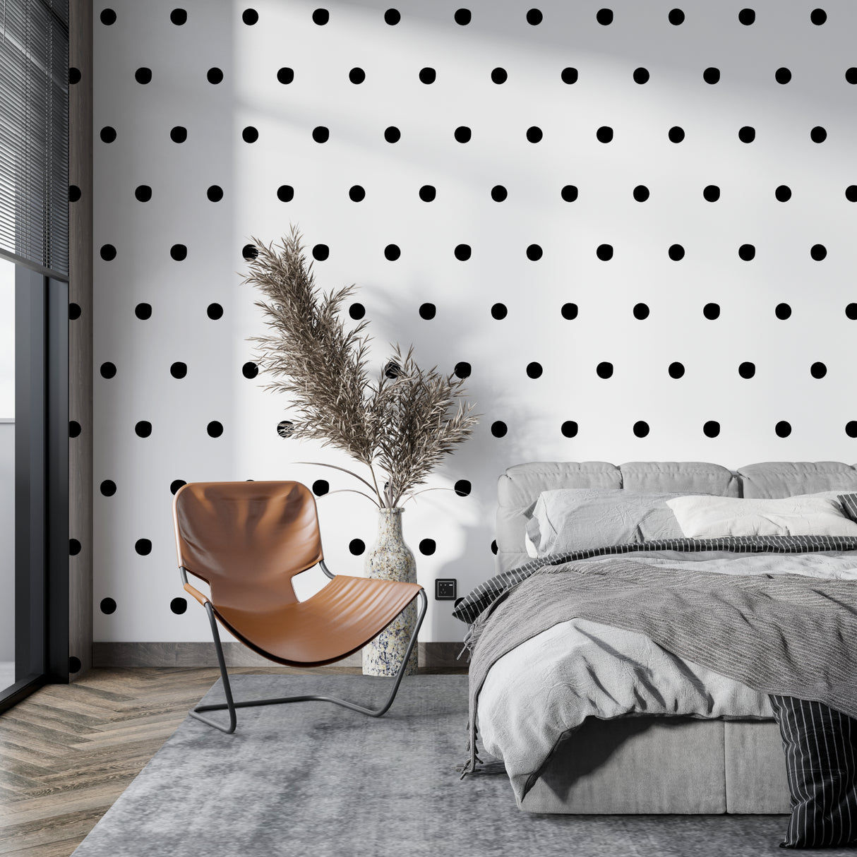 Geometric dot wallpaper creating visual interest in a modern hallway