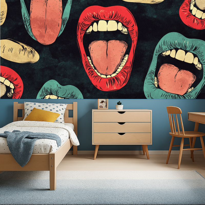 Colorful lips wall mural making a statement in a trendy beauty salon