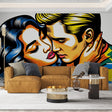 Pop art comic strip wallpaper creating bold statement in modern living room with grey sofa and minimalist decor