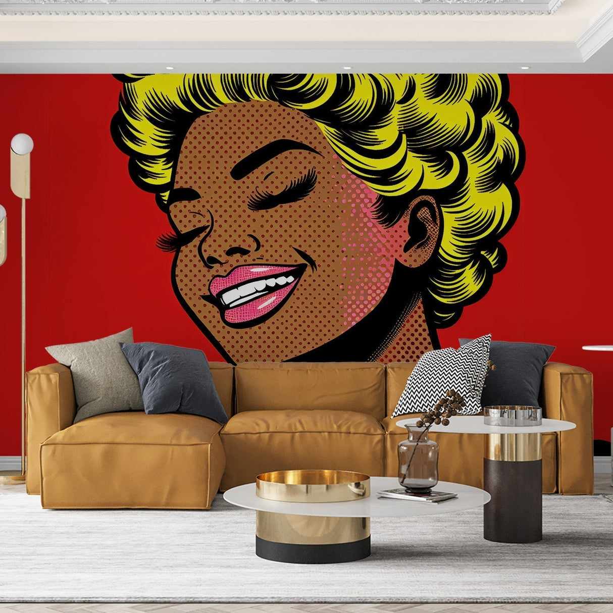 Pop art comic style wallpaper displayed in a modern living room, adding bold character to contemporary furniture