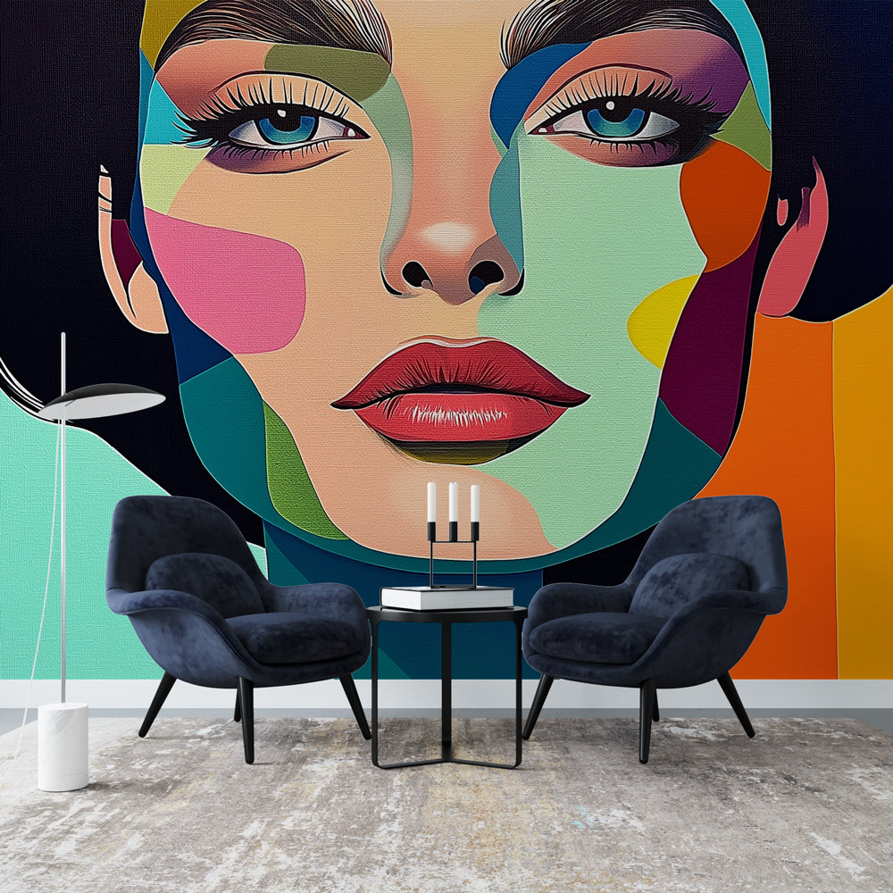Pop art geometric face wallpaper creating bold statement in modern living room with gray sofa and minimal decor
