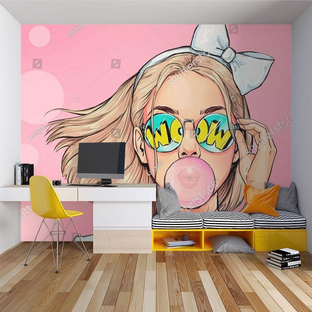 Contemporary girl portrait mural styled in a fashion boutique setting