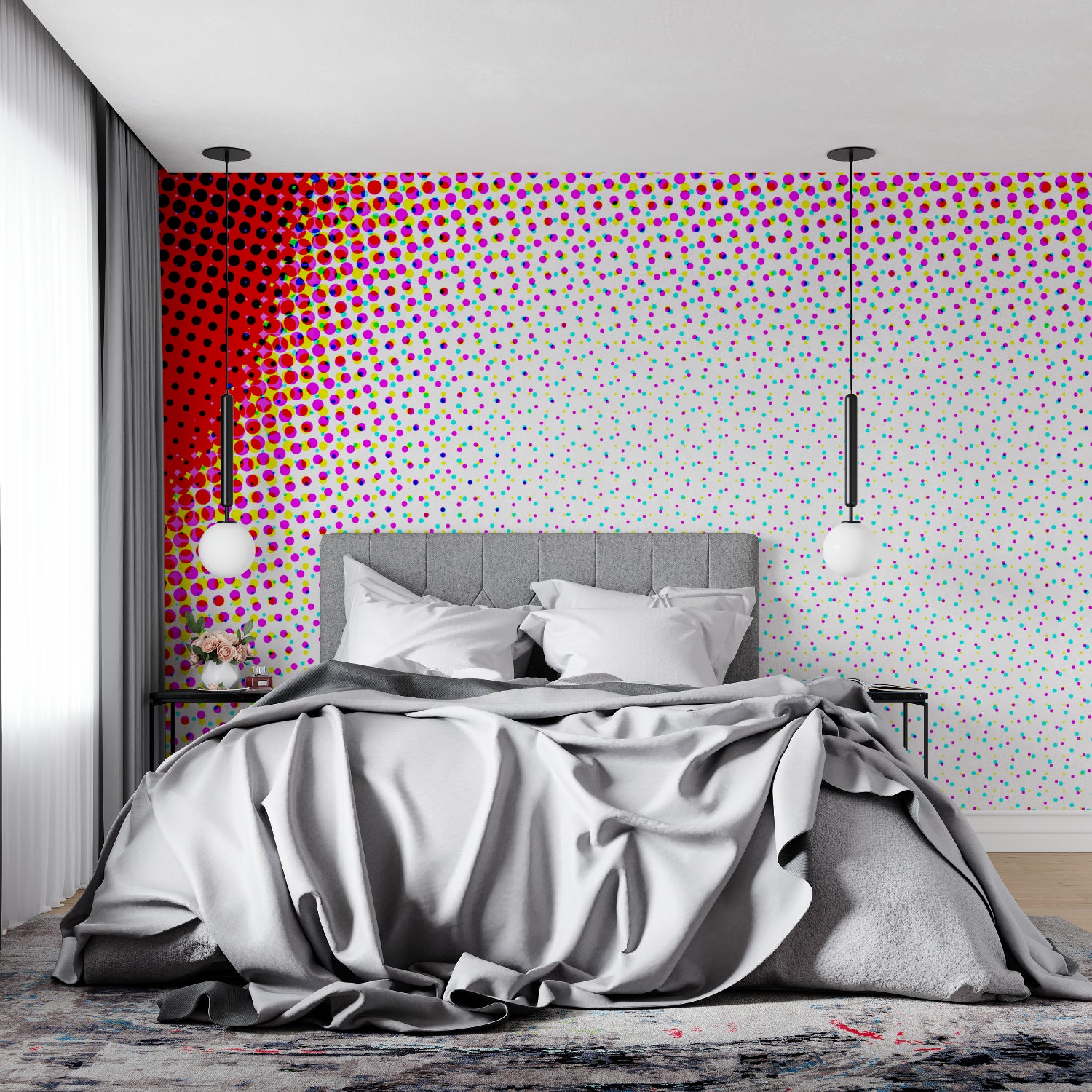 Halftone Dots Pattern Wallpaper brightening up a creative home office space with modern decor