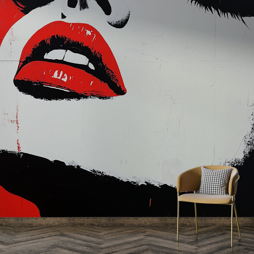 Pop art lips wallpaper mural creating dramatic impact in modern living room with black furniture and white accents