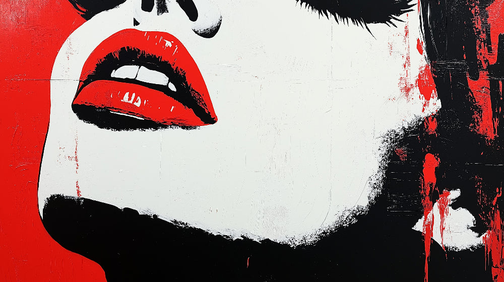 Pop art red lips design file showing detailed black and white pattern with vivid red accent