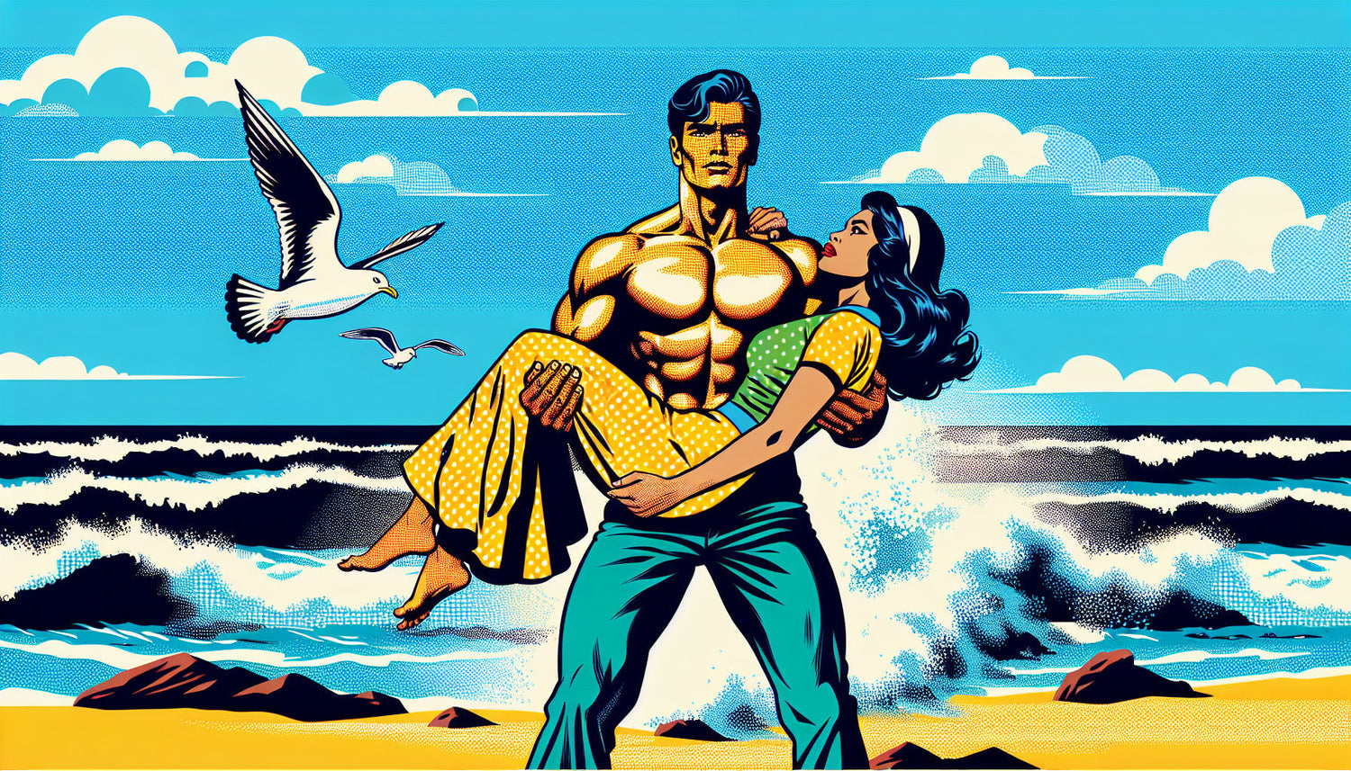 Retro comic beach romance design file showing vibrant colors and authentic halftone dot pattern