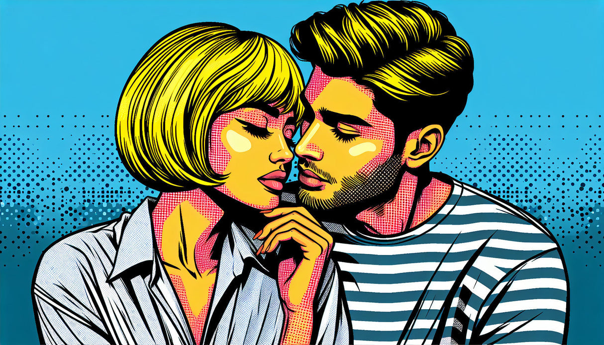 Pop art wallpaper mural creating bold impact in modern living room, featuring vibrant comic book style and dramatic contrasts