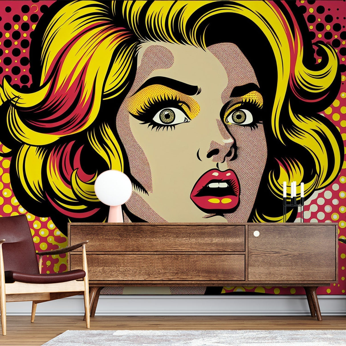 Pop art wallpaper mural bringing bold comic style energy to a modern living room with white furniture and natural lighting