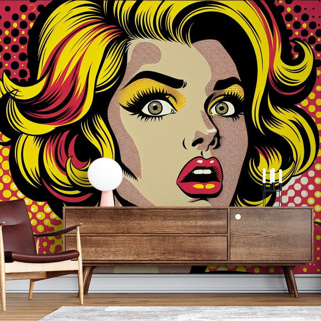 Pop art wallpaper mural bringing bold comic style energy to a modern living room with white furniture and natural lighting