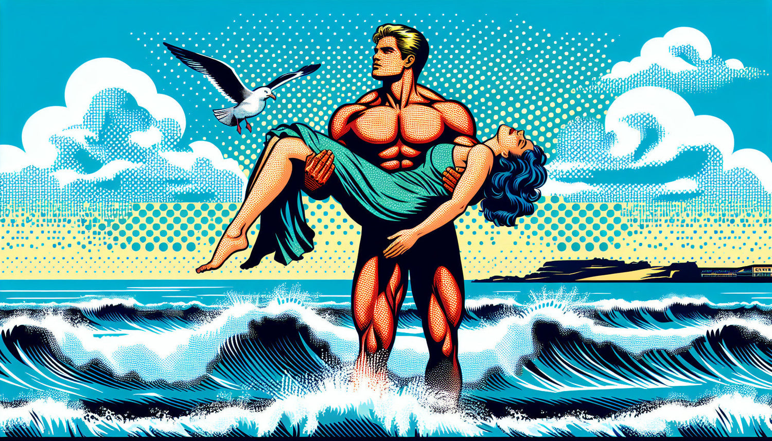 Pop art beach wallpaper design file showing detailed comic book pattern with ocean waves and halftone dots