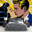 Pop art comic wallpaper creating a bold statement wall in a modern living room with clean furniture and natural light