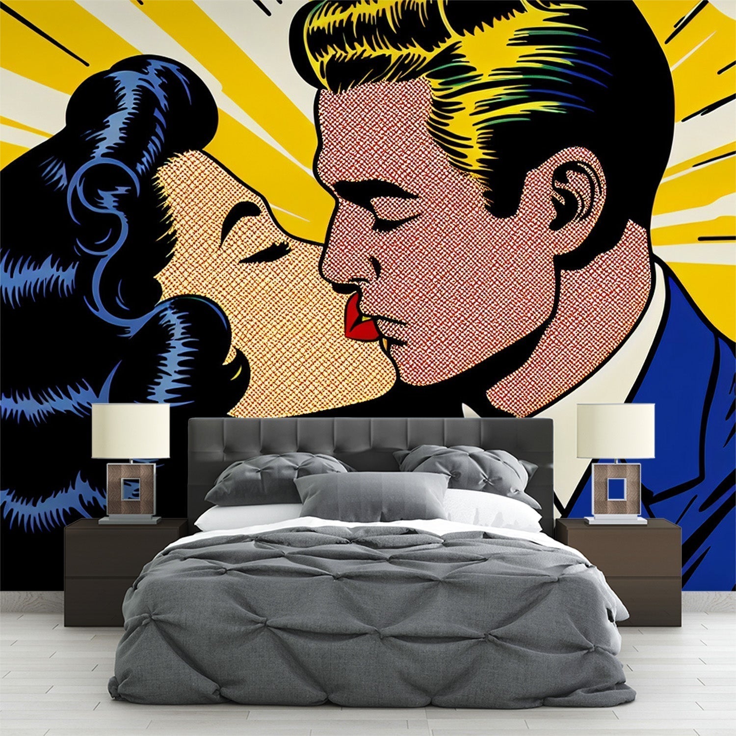 Pop art comic wallpaper creating a bold statement wall in a modern living room with clean furniture and natural light