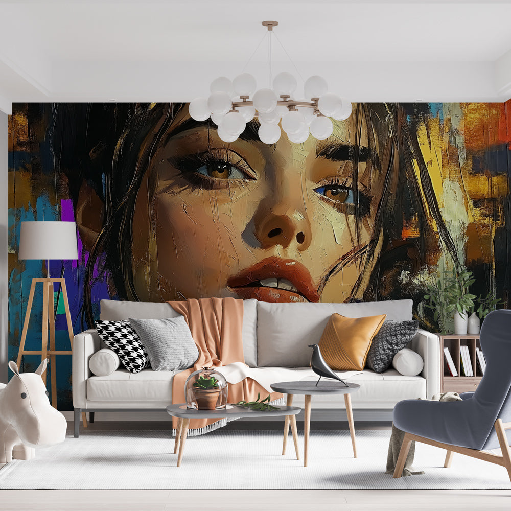 Abstract portrait mural wallpaper styled in a modern living room, showing vibrant colors and artistic expression