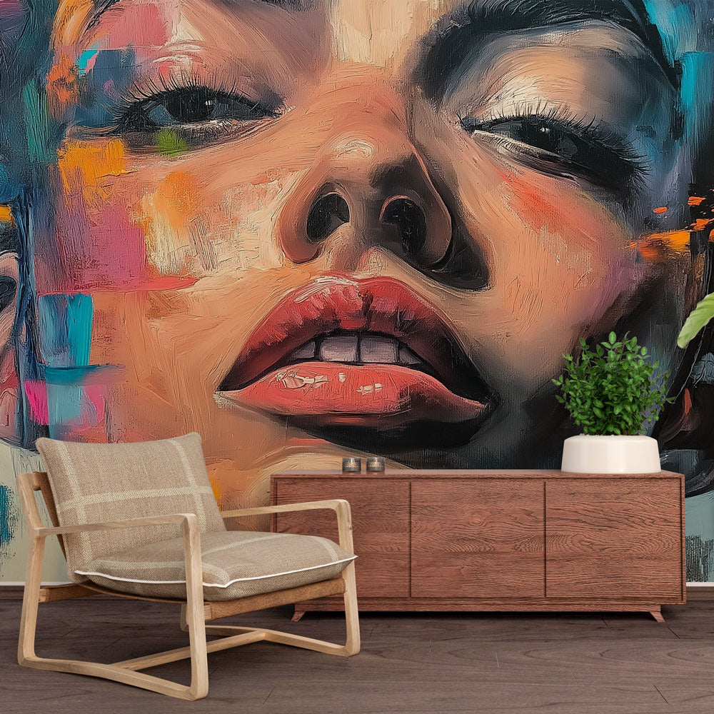 Modern portrait wallpaper showcased in a bright living room, creating a bold artistic focal point with vibrant colors