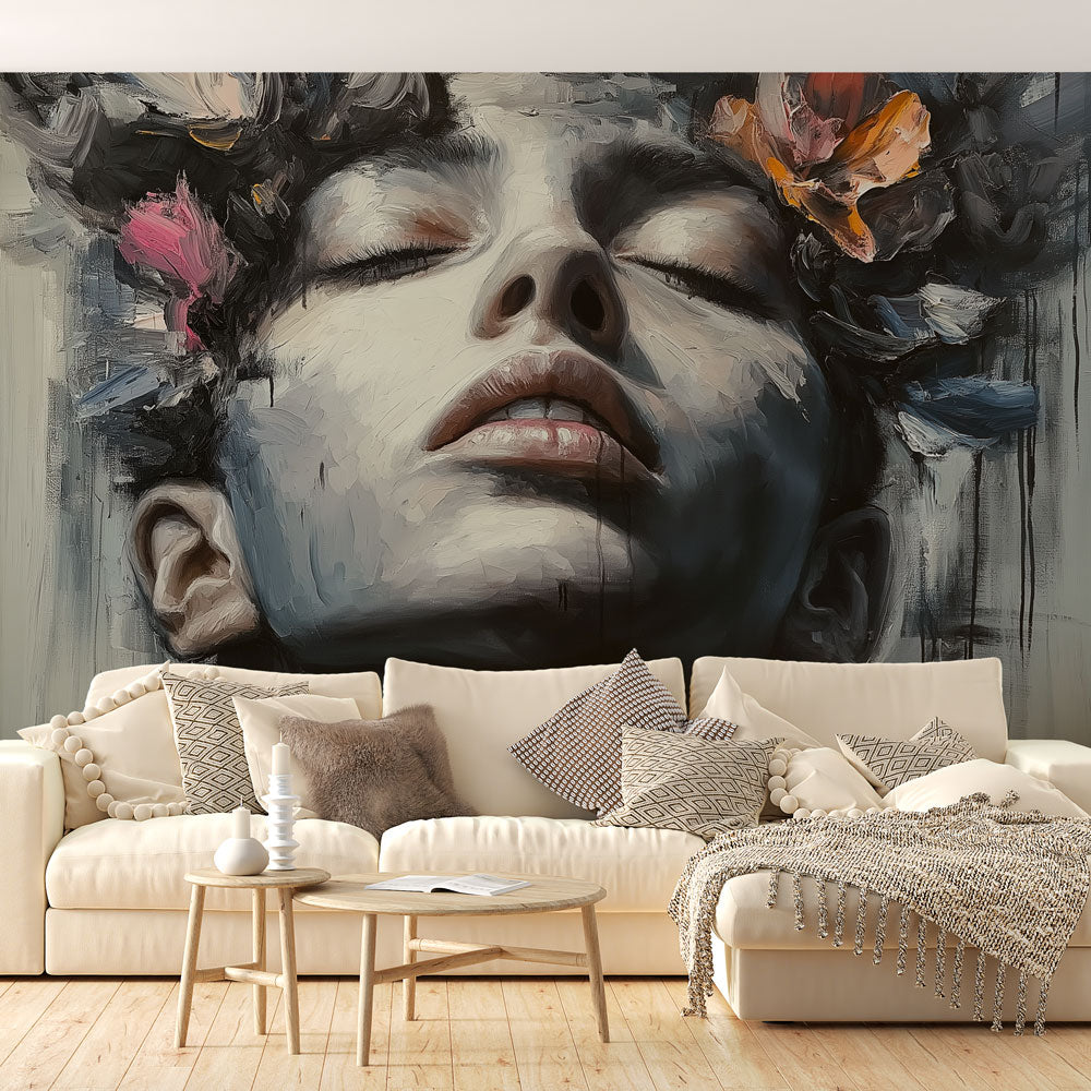 Abstract Portrait Wallpaper with watercolor florals creating a calm atmosphere in a modern living room setting