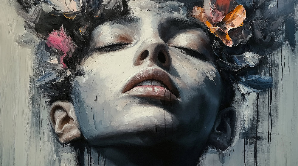 Abstract Portrait Wallpaper design file showing detailed watercolor portrait and floral pattern