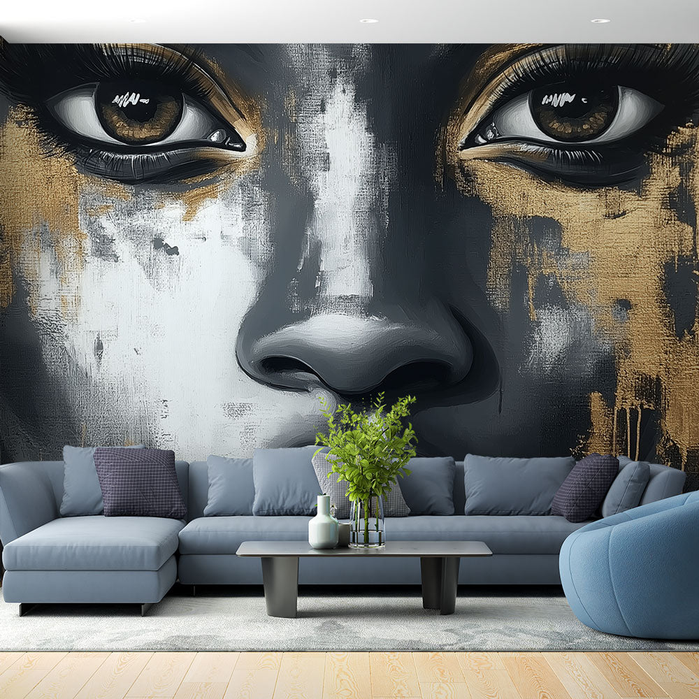 Modern Portrait Wall Mural displayed in a sleek living room setting, black and gold abstract art creating dramatic focal point