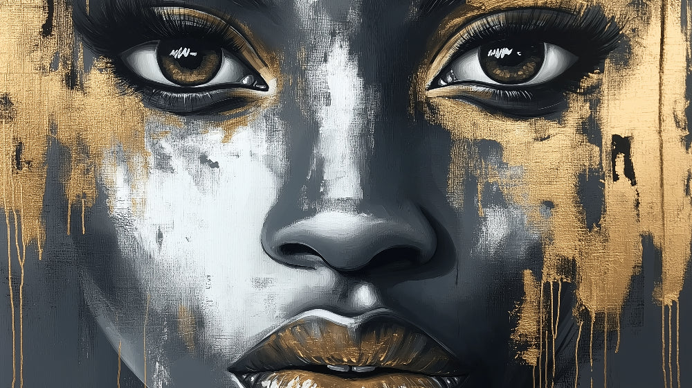 Black and gold portrait wall mural design file showing detailed artistic pattern and metallic accents