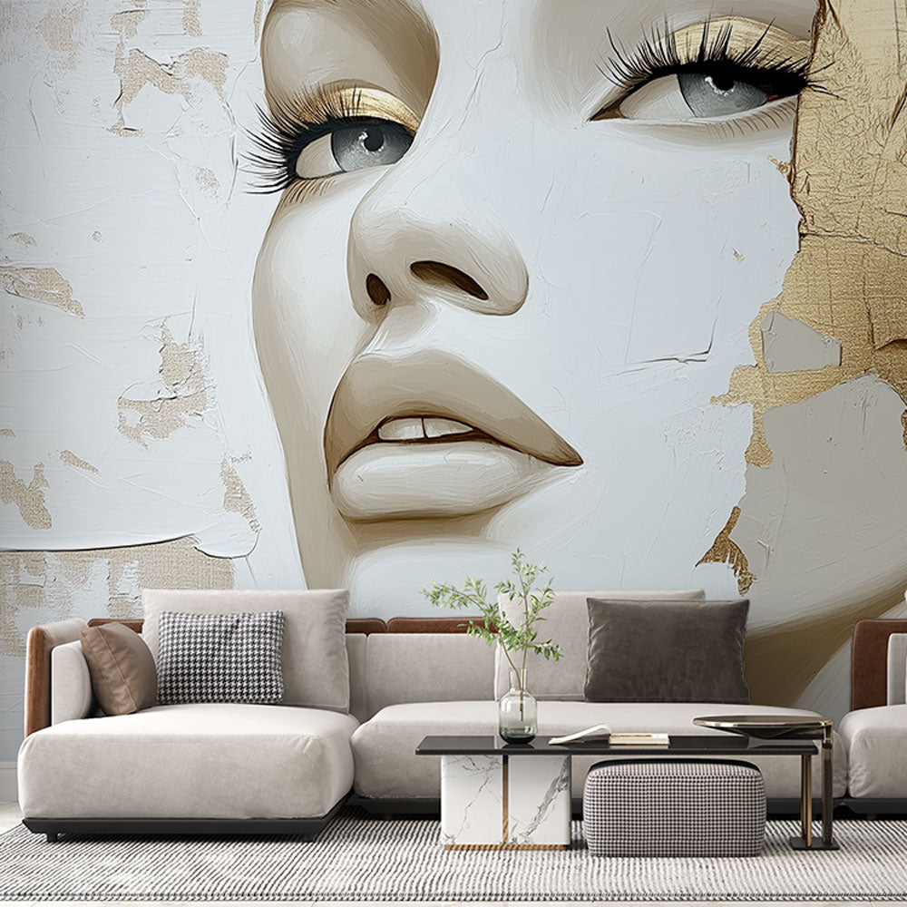 Modern portrait wallpaper with gold accents shown in a bright living room setting with minimalist furniture
