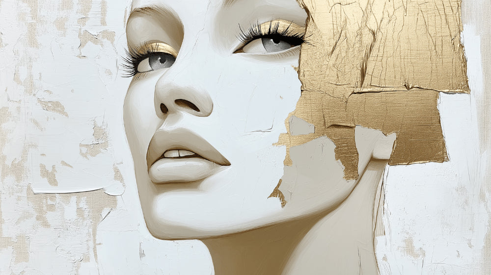 Contemporary gold and white portrait design file showing detailed facial features and metallic elements
