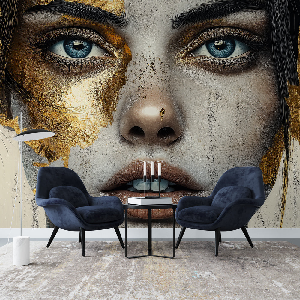 Portrait art wallpaper creating a striking accent wall in a modern living room with gold and silver metallic details