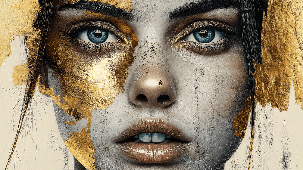 Portrait mural wallpaper design file showing detailed gold and silver artistic face pattern