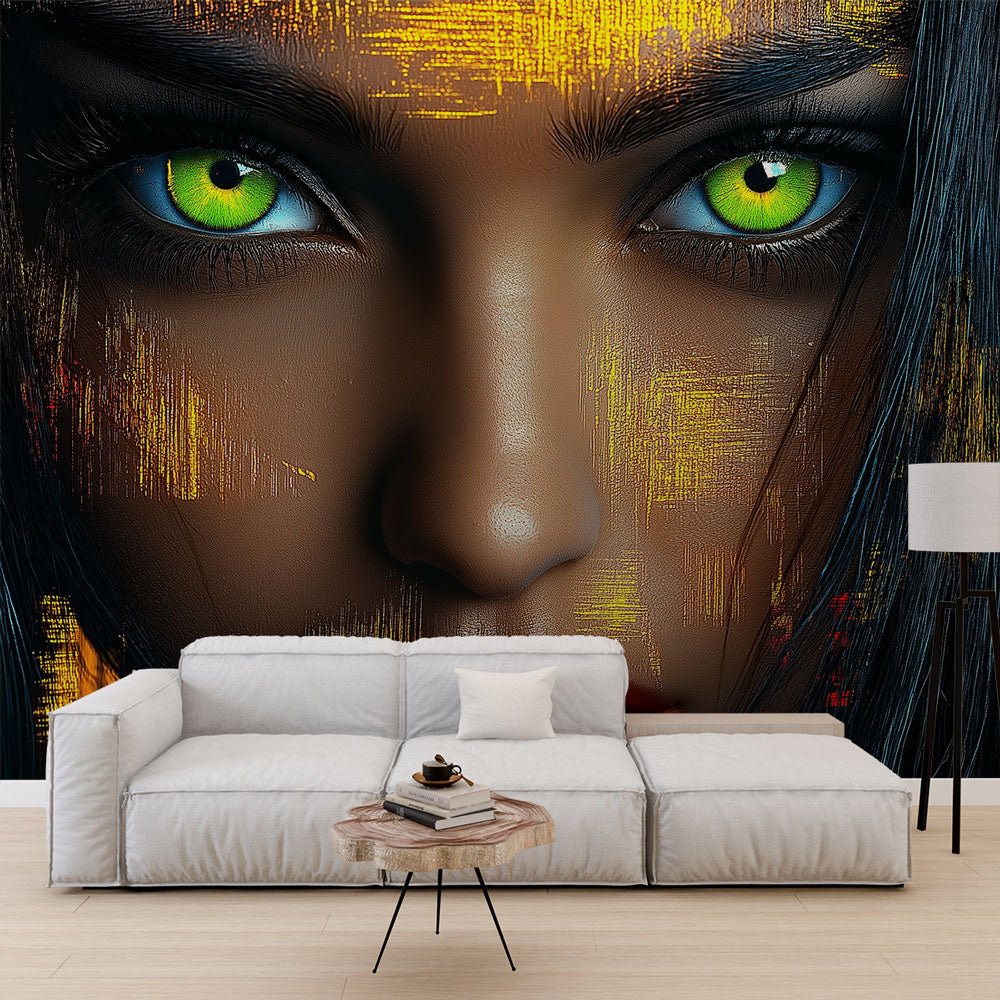 Modern Portrait Wallpaper with green eyes creating a dramatic focal point in a minimalist living room setting