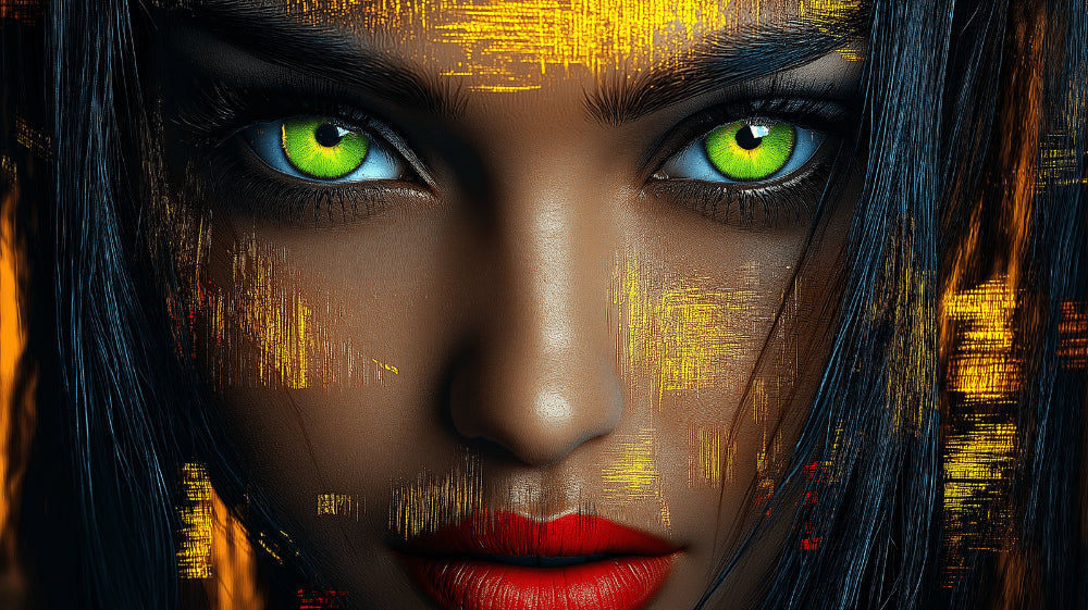 Abstract Portrait Wallpaper design file showing intricate details of green eyes and golden accents