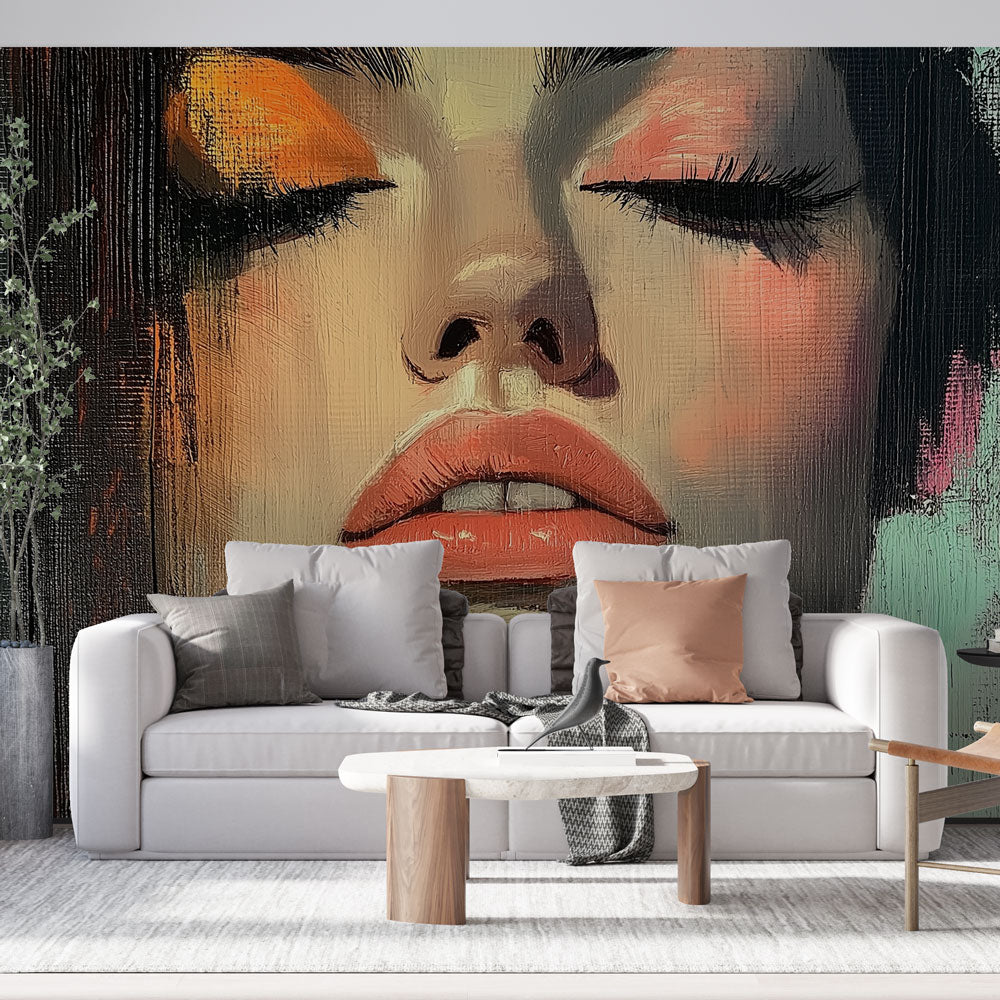 Modern Portrait Mural Wallpaper styled in a minimalist living room, creating an artistic focal point above a neutral sofa