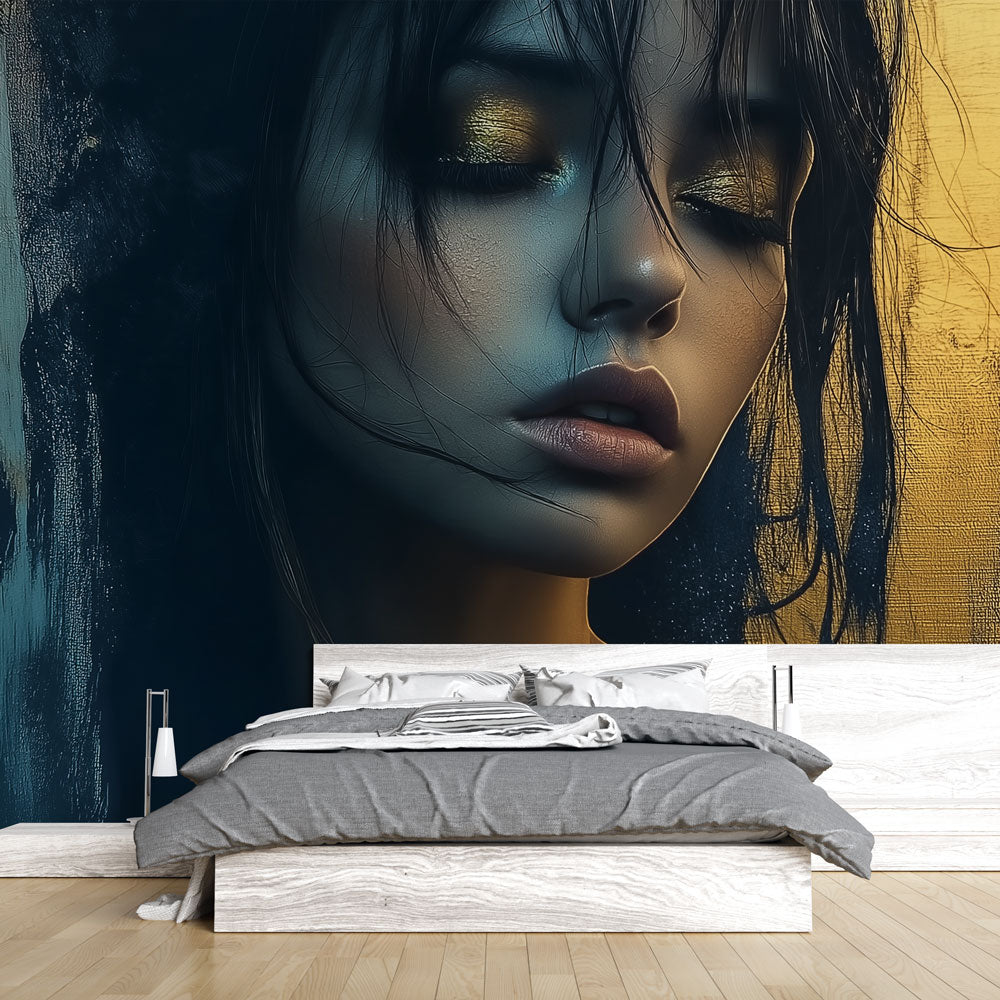 Modern portrait wallpaper with gold and blue tones creating drama in a minimalist living room setting